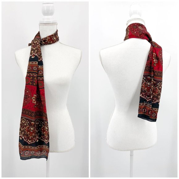 Vtg Echo Two Silk Scarves Red Gray Leaf Medallion - Picture 2 of 10